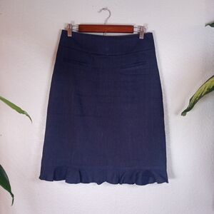 Rebecca Taylor Linen Navy Blue Ruffled Hem Academia  Office Siren Pencil Skirt 8